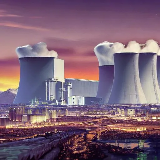 Prompt: A nuclear power station in a city, two people sitting on chairs holding hands crying, 3d, 4k, intricate detail, mountains, hyperrealistic, 