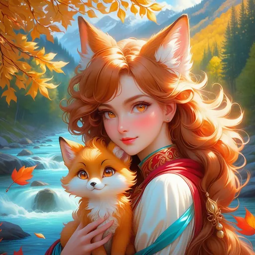 Prompt: Vulpix with {shiny red fur} and {amber brown eyes}, young vixen, feral fox, gorgeous anime portrait, beautiful cartoon, beautiful 8k eyes, elegant {scarlet fur}, fire element, flame, fine oil painting, modest, gazing at viewer, low angle view, aspen leaves, zoomed out view of character, wears a bracelet, 64k, hyper detailed, expressive, timid, bashful rosy cheeks, graceful, beautiful, expansive silky mane, golden ratio, precise, perfect proportions, vibrant, tanning by a sun-bathed river, hyper detailed, complementary colors, UHD, HDR, top quality artwork, beautiful detailed background, unreal 5, artstaion, deviantart, instagram, professional, masterpiece