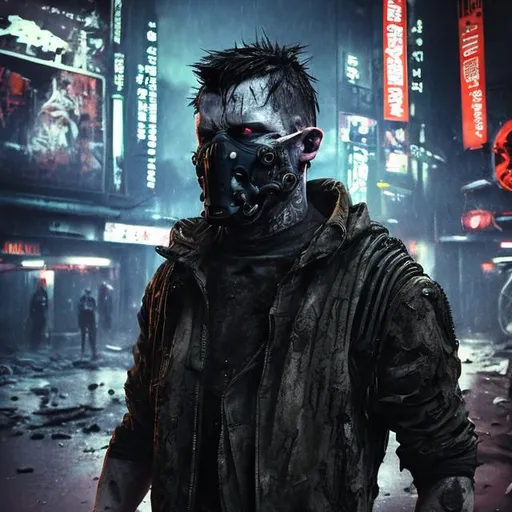 Prompt: Villain. Future paramilitary style body uniform. Slow exposure. Detailed. mouth mask. Dirty. Dark and gritty. Post-apocalyptic Neo Tokyo. Futuristic. Shadows. Sinister. Armed. Brutal. Intimidating. Evil. Bionic enhancements. Fanatic. Intense. Heavy rain. Neck tattoo. Neon lights in background. Explosion. Burning car