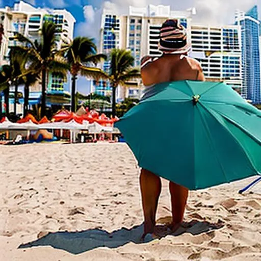 Prompt: A couple standing under an umbrella on Miami Beach during the summer with a small breeze. 
The beach is full of people and is surrounded by tall hotel buildings with a futuristic/modern design