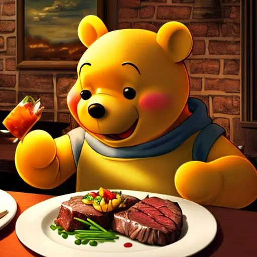 Prompt: Pooh having dinner eating steak