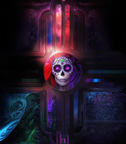 Prompt: beautiful swirl dark chaos vivid bold, 3D, HD, [{one}({liquid  {Goddess}Sugarskull dressed as Sorceress with {Red Blue green dark-purple}plasma)[::2, expansive psychedelic background --s99500 