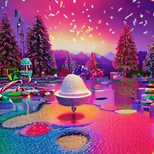 Prompt: Paradise in heaven, Vivid, V-Ray Lighting, Reflections, Refraction, Intricate Details, Realistic, Sharp, Octane Render, UHD, 4K, 8K, pastel colors, chocolate fountain, candy drop trees, beautiful, candy canes, syrup lale, waffle cone mountains, kit cat road

