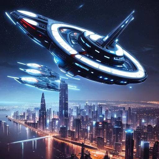 Prompt: A startrek type spaceship over a futuristic cityscape at night