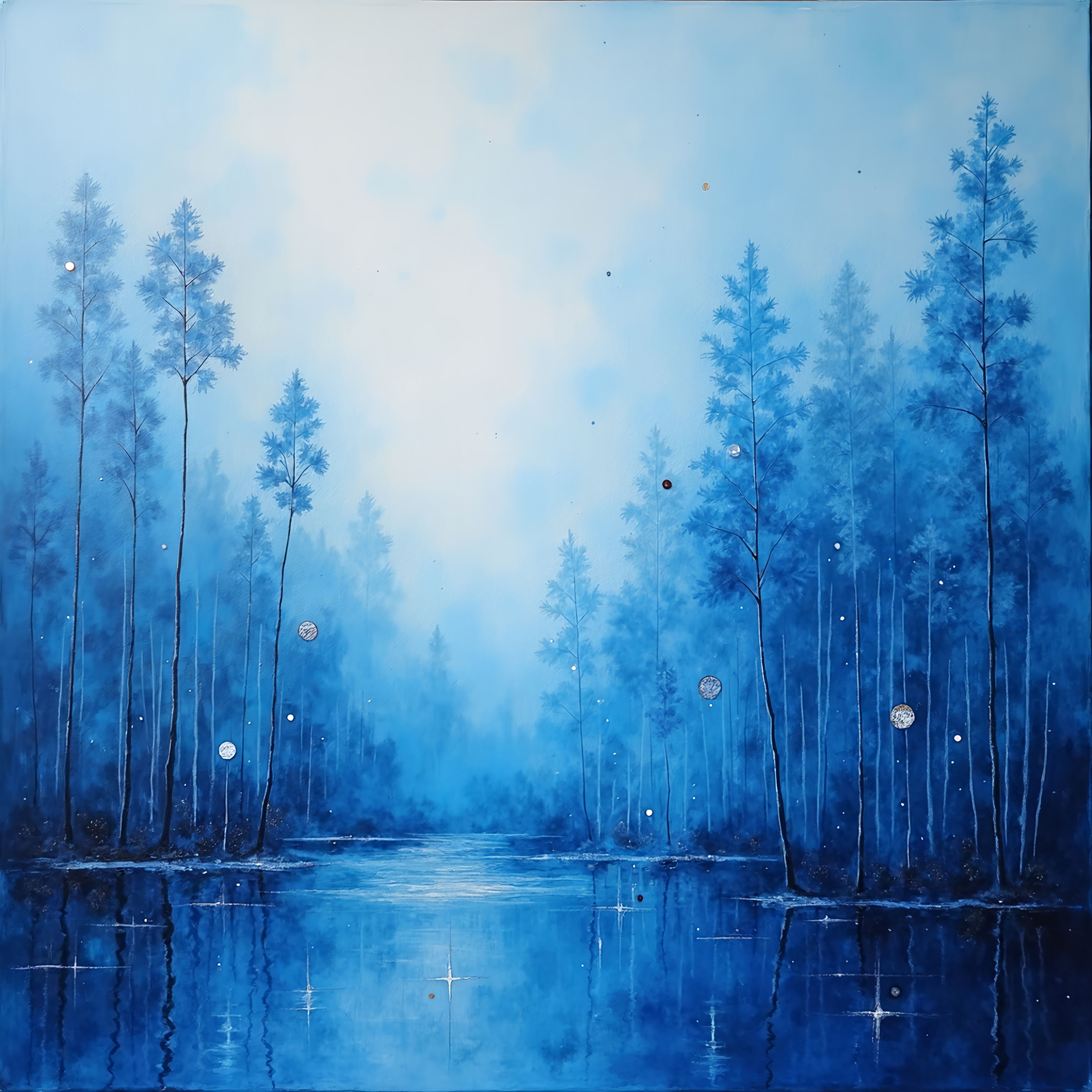 Prompt: a painting of a blue forest with a lake in the foreground and a few stars in the sky