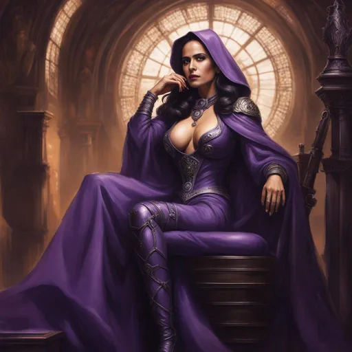 Prompt: Selma Hayek as a genestealer cult leader, (((Bald, Forehead Ridges))), Skimpy Outfit, Cleavage Window, Purple Robes, Silver Jewelry, Warhammer 40000, 