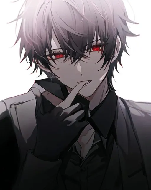 Prompt: Damien (male, short black hair, red eyes) looking up with desperation in his eyes, psychotic break down, hand over his mouth