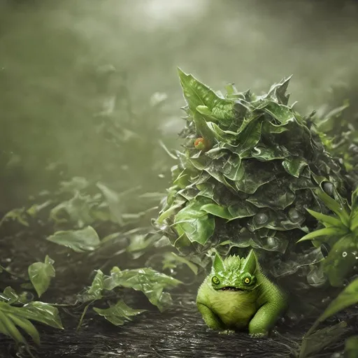 Prompt: realistic and menacing depiction of the pokemon bulbasaur, with sprouts coming out of the bud on its back. in a dark, misty and damp swamp environment, dark theme, wet graphite, ultra realistic, HD, HDR, 4K