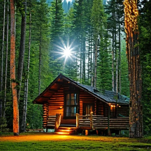 Prompt: Deep, deep in the woods, in an opening found only through some soul searching, lies a log cabin. A cabin made from logs of oak, the wood’s natural beauty radiating a welcome for the travelers that have learnt the ways of the forest to make it this far. It is a small, one room cabin, lit up by Happiness, the glow of which is visible miles away. Inside the cabin is cozy, a fireplace radiating the warmth of Gratitude. On one wall is a shelf with a collection of books, each volume in the collection representing a stage of life – birth, childhood, teenage years, high school, college, career etc. There are two sets of the collection, each book with some pages filled and others waiting to be filled in as the travelers make their journey through the woods. In the middle of the cabin lies a bed covered in the softest cotton sheets and covers inviting the travelers that have journeyed for miles to finally rest in contentment.