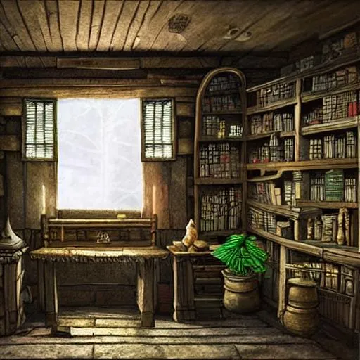 Prompt: a medieval fantasy interior room, codex open books, nature, plants, ferns, ancient scrolls maps artifacts, wooden desk shelves glass flasks bottles candle, wooden floor, open window, moonlit night, colorful, intricately detailed, fine textures, in the style of hayao miyazaki studio ghibli films