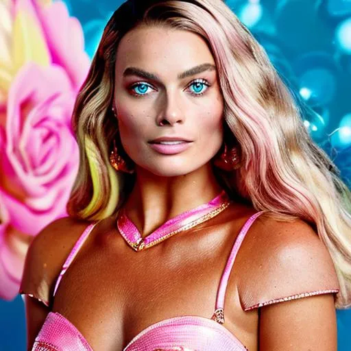 Prompt: High quality picture of Margot Robbie wearing a high detailed inspired pink Barbie Versace outfit in a Barbie world background
