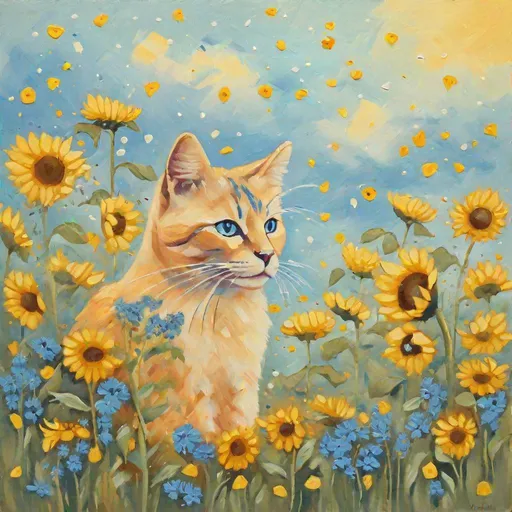 Prompt: A cat sitting in a field of sunflowers and small blue flowers blowing through the wind, pastel colors