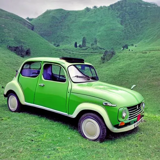 Prompt: renault 4 off white, image in Dali 
style with nice green lush background


