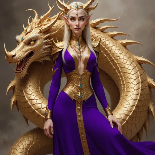 Prompt:  @VITLFRBSebJkkO8huw5E purple clothes, large crown, lots of jewelry, with large gold dragon