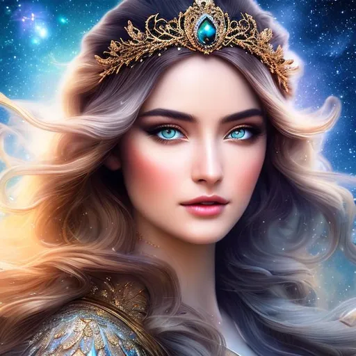 Prompt: create photograph of most beautiful fictional winter female goddess princes with beautiful eyes and hair, extremely detailed face, space and planets an nebulae in sky highly detailed, extremely detailed environment, extremely detailed background, intricate, extremely detailed skin, natural colors , professionally color graded, photorealism, 8k, realistic, moody lighting, ambience lighting