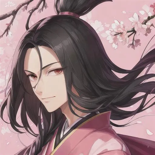 Prompt: Illustration portrait. Character design. Tall skinny man. Sharp eyes. Short smooth black hair. Soft smile.  Cherry blossom pink kimono. Katana