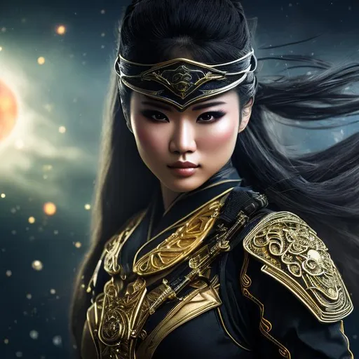 Prompt: create photograph of beautiful female ninja in black and goldrobes with sunglasses on, extremely detailed face, space and planets an nebulae in sky highly detailed, extremely detailed environment, extremely detailed background, extremely detailed skin, natural colors , professionally color graded, photorealism, 8k, realistic, moody lighting, ambience lighting, complex filigree, galactic environment, volumetric lighting