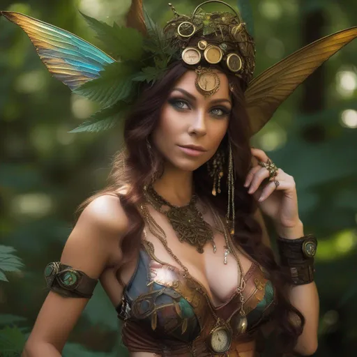 Prompt: ((Epic)). ((Cinematic)). Shes a ((colorful)), Steam Punk, belly dancer, Witch. (spectacular), Winged, Cannabis fairy, with a skimpy, ((colorful)), ((gossamer)), flowing outfit, standing in a forest by a village. ((Wide angle)). ((Detailed Illustration)). ((8k)).  Full body in shot. ((Hyper real painting)). ((Photo real)). An ((extremely beautiful)), buxom,  shapely woman with, ((2 Anatomically correct, real human hands)), and ((vivid, colorful, extremely bright eyes)). A ((breathtaking Halloween night near a village with lights)). ((Glowing, winged sprites)) flying everywhere. ((Concept art style)). Sony a7 IV. Enscape render.