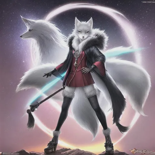 Prompt: arctic fox woman wizard, fursona, furry art, anthro, detailed fur, anime key visual, full body picture, makoto shinkai, teenager