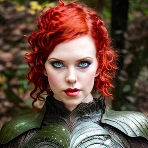 Prompt: short curly red hair, earthy green eyes, leather armor, elf ears, full body, woodland, fantasy art