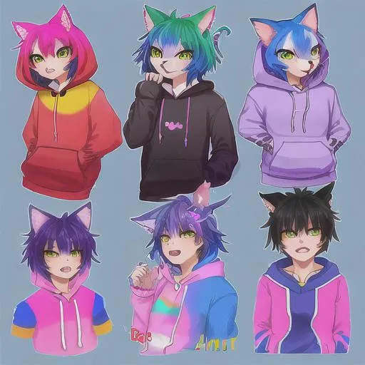 cute gay cat fursona, bisexual hoodie, pride flag