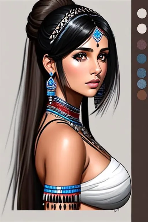 Prompt: {Concept sheet}Naomi Scott, 26 years old,  in outdoor villiage, wearing tribal cueitl, parted bangs, black hair with highlights, brown eyes, ethereal, jewelry set balayage wild hair,{Concept sheet} royal vibe, highly detailed, digital painting, Trending on artstation ,tan skin, HD quality, Big Eyes,artgerm, by Ilya Kuvshinov 