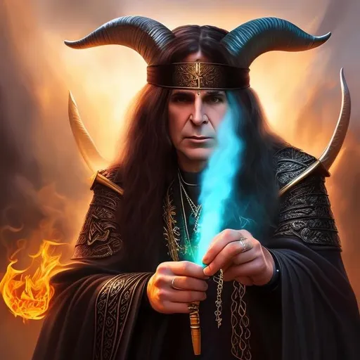 Prompt: fantasy art, digital painting, Ozzy Osbourne as a Celtic warrior, goat horns, smoking a pipe,