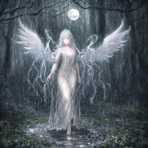 Prompt: A  painting of a walking highly-detailed angel with wings through an old forest,flowing rain effects,sharp focus,8k,award-winning photograph,highly detailed,night,dark ambient,looking at camera,moon light,trees with black leafs,handsome face