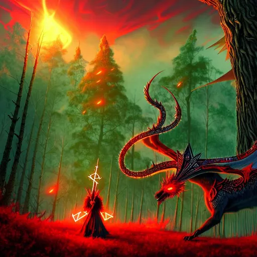 Prompt:  ultimate Northman, Nordic, Mage, explosion of crystals, symmetric cross, highly detailed supreme mymir aura, pet dragon huge, flying under red sky and big symbol, CROWned , creepy luscious green forest , rhads, beeple,  alphonse mucha, clever global illumination, highly detailed and intricate environment background crystals madhouse, 