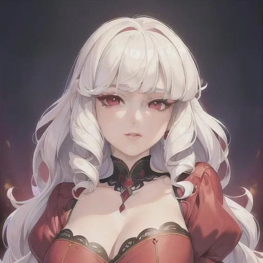 Prompt: (masterpiece, illustration, best quality:1.2), short curly white hair, princess like vibe, red eyes, wearing red silky nightgown, best quality face, best quality, best quality skin, best quality eyes, best quality lips, ultra-detailed eyes, ultra-detailed hair, ultra-detailed, illustration, colorful, soft glow, 1 girl