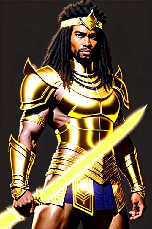 Prompt: (Hyperrealistic highly detailed full body photography of an (Ebonian spearmaster))
Strong-willed, confident, focused. Holding Sharp (spear) in hand. golden necklace, golden headband, light armor. tribal. Sentinel stance.