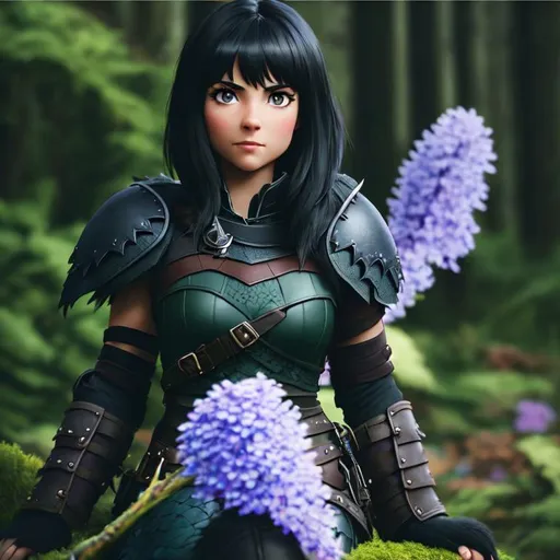 Prompt: Please produce a Heather from How to Train Your Dragon, photo session, attractive, black hair, (((full body visible))), looking at viewer, portrait, photography, detailed skin, realistic, photo-realistic, 8k, highly detailed, full-length frame, High detail RAW color art, piercing, diffused soft lighting, shallow depth of field, sharp focus, hyperrealism, cinematic lighting