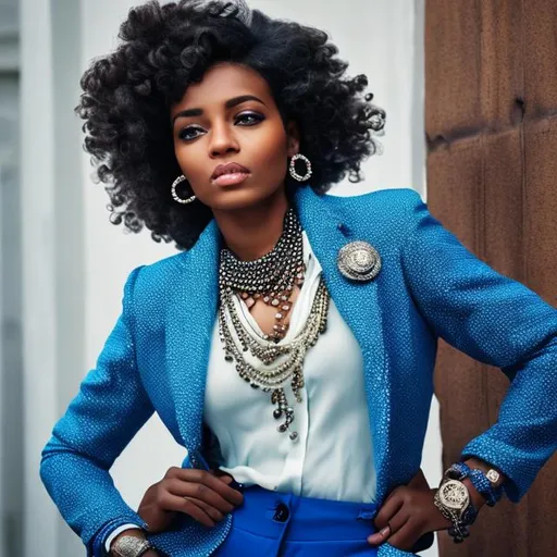 Prompt: Black sophisticated woman in blue jacket and pants with tight curly hair bejeweled in pearls 