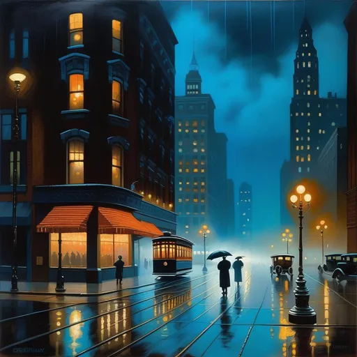 Prompt: 1930s, Chicago at night, creepy, rain, fog, cold blue atmosphere, cartoony style, extremely detailed painting by Greg Rutkowski and by Henry Justice Ford and by Steve Henderson 

