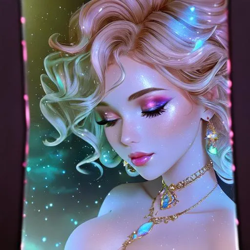 Prompt: Beautiful and sweet girl of warm glaze, wearing vaporous mini dress, discrete make up, glowing up, large curly black marine blue hair, light sparkles, drapping, big lips, pink cheeks, translucid, unreal engine 148k octane, 3d lightning, stellar clouds, quartz and opal, gem rain, soft white skin, long wavy hair, nice smile, luminous chest, fantasy, silence