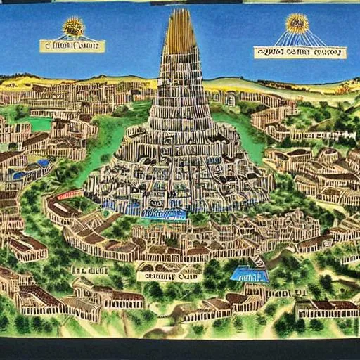 Prompt: A highly detailed and exact schematic of New Jerusalem as described in the book of Reconciliation in the Bible.