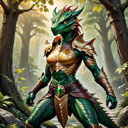 Prompt: Female dragonborn, slim adult fighter, powerful stance, vibrant scales reflecting shades of emerald and gold, fierce determined expression, armed with twin daggers, muscular yet elegant physique, the sun casting dynamic shadows, battle-ready, wearing leather armor fitted for agility, set in a mystical forest backdrop with ancient trees and ethereal light, ultra-detailed, HD.