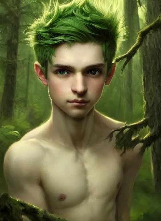 Prompt: Portrait of a young pixie boy with fluffy green hair and cute face, and green eyes, in a forest, perfect composition, super detailed, 8k, high quality, trending art, trending on artstation, sharp focus, studio photo, intricate details, highly detailed, by greg rutkowski