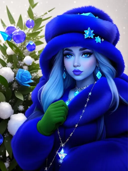 Prompt: Pokimane, Heavy snow, Giant Blue Orb in Sky, Long Straight Blue hair, Ice crystal tiara with Green Flowers, Thick bushy blue eyebrows, medium sized nose, plump diamond shape face,  Blue lips, ethereal blue eyes, Triangle Star earrings, soft ears, Large blue plastic chain around neck, Blue heart necklaces, Purple candy shaped rings, Large blue fur coat with armor underneath. Scaley gloves. Long Blue Skirt with moons.