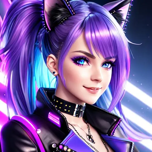 Prompt: 4K, 16K, picture quality, high quality, highly detailed, hyper-realism, cute skinny female standing, mecha wings, blue anime eyes, rivet choker, tech cat ears, smirking smile, punk jacket, blue, purple, white, cyberpunk style, neon lights, purple ponytail hair blue highlights, party, lights, spotlights, stage light,