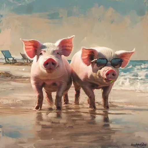 Prompt: painting style pigs on the beach