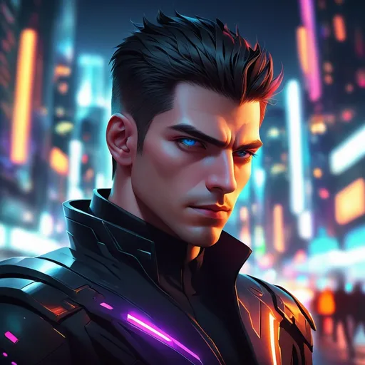 Prompt: (ultra-detailed) close up of a male agent, (dark clothes), vibrant colors, sci-fi atmosphere, lineless art style, striking facial features, sleek design, digital rendering, blurred city background, (4K resolution), dynamic lighting, otherworldly ambiance.