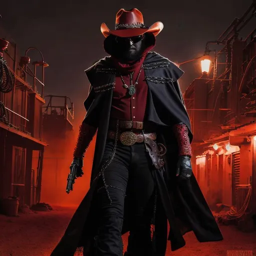 Prompt: Cyber Cowboy with 4 Arms, fiery red Poncho, Dressed in black duster and Stetson Cowboy Hat, with Red Sunglasses, Haunting Presence, Intricately Detailed, Hyperdetailed, Desert Wild West Landscape, Dusty Midnight Lighting, Wild West Feel