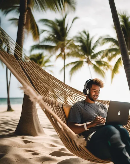 Prompt: A remote worker sitting relaxed on a tropical beach with coconut trees swaying in the breeze behind them. They type on a laptop while chilling in a hammock wearing headphones, focused yet comfortable. Natural lighting filters through the palm fronds. Shot with a Fujifilm X-T4 with 35mm lens. The mood is peaceful productivity and freedom. In the style of before-and-after storytelling photography.