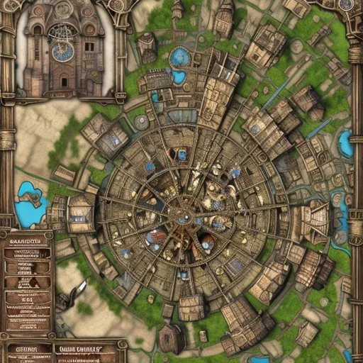 Prompt: medium sized medieval fantasy steampunk town map large central clocktower detailed digital art, hyper realistic