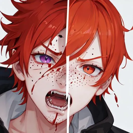 Prompt: Erikku male adult (short ginger hair, freckles, right eye blue left eye purple) UHD, 8K, Highly detailed, insane detail, best quality, high quality, covered in blood, covering his face with his hand, wide eyes, insane, fear, threatening, laughing, angry, fighting, psychopathic 