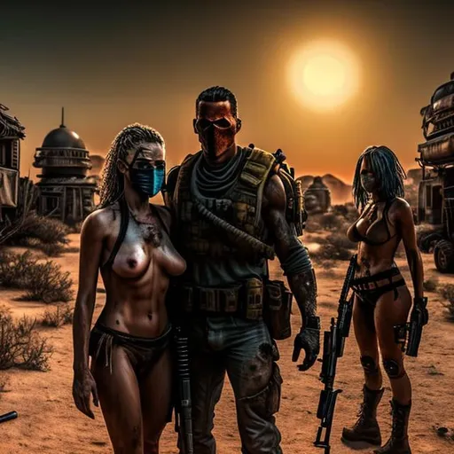 Prompt: Gritty. Sharp. Focussed. Accurate faces. Part nudist. Man and woman Toples. accurate hands. Post-apocalyptic masked survivor couple in settlement. Desert. Sci-Fi. Hyper-realistic. 4k. Gritty. Dark. Futuristic. Night. Sunset. Stars. 3 moons. Todd McFarlane style