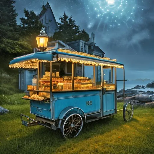 Prompt: ebook cover  high resolution very detailed for a story about a boy and his magical ice-cream cart.  the cover evokes awe, mystery, fantasy mystical occult.  the backdrop is a rocky Maine coastal town with an etherial glow.  show the boy  about 11 years old looking at the cart