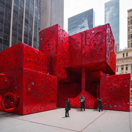 Prompt: huge public art, modern art, in newyork, big, red, random square, tall,  complicated, detailed art with steel, rounded art, in front of the building