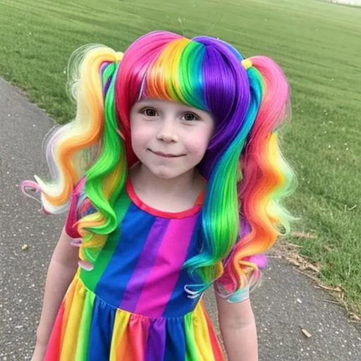 Prompt:  A CHILD WEARING A RAINBOW WIG with a rainbow dress